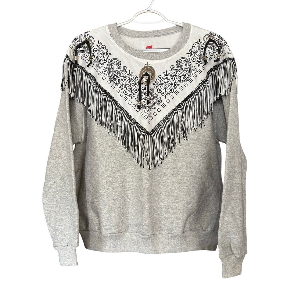 Western Cowgirl Fringe Sweatshirt XL Handkerchief Bandana Hanes Rodeo Ranch